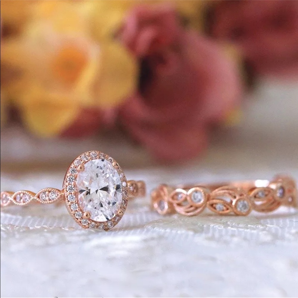 14k rose gold oval engagement ring band set - Picture 2 of 7
